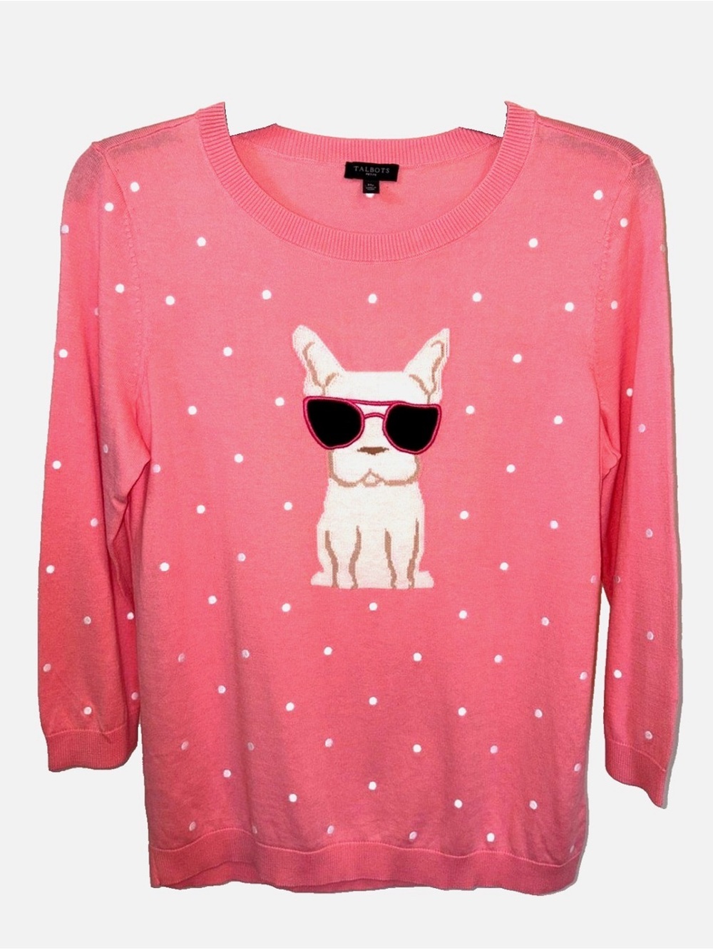Talbots Petite MP French Bulldog Dog Sweater Pink Polka Dot Sunglasses